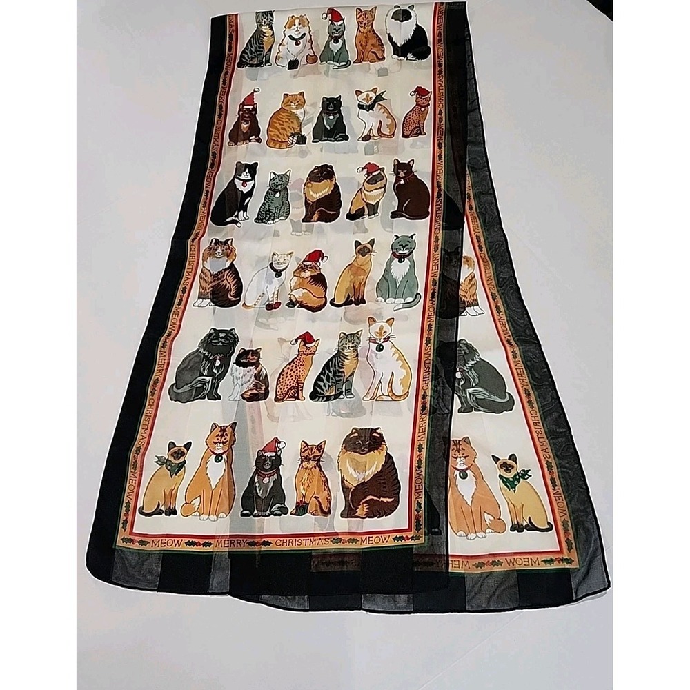 Christmas Theme Cat Print Sheer Scarf 60 Inch Length Meow Merry Christmas